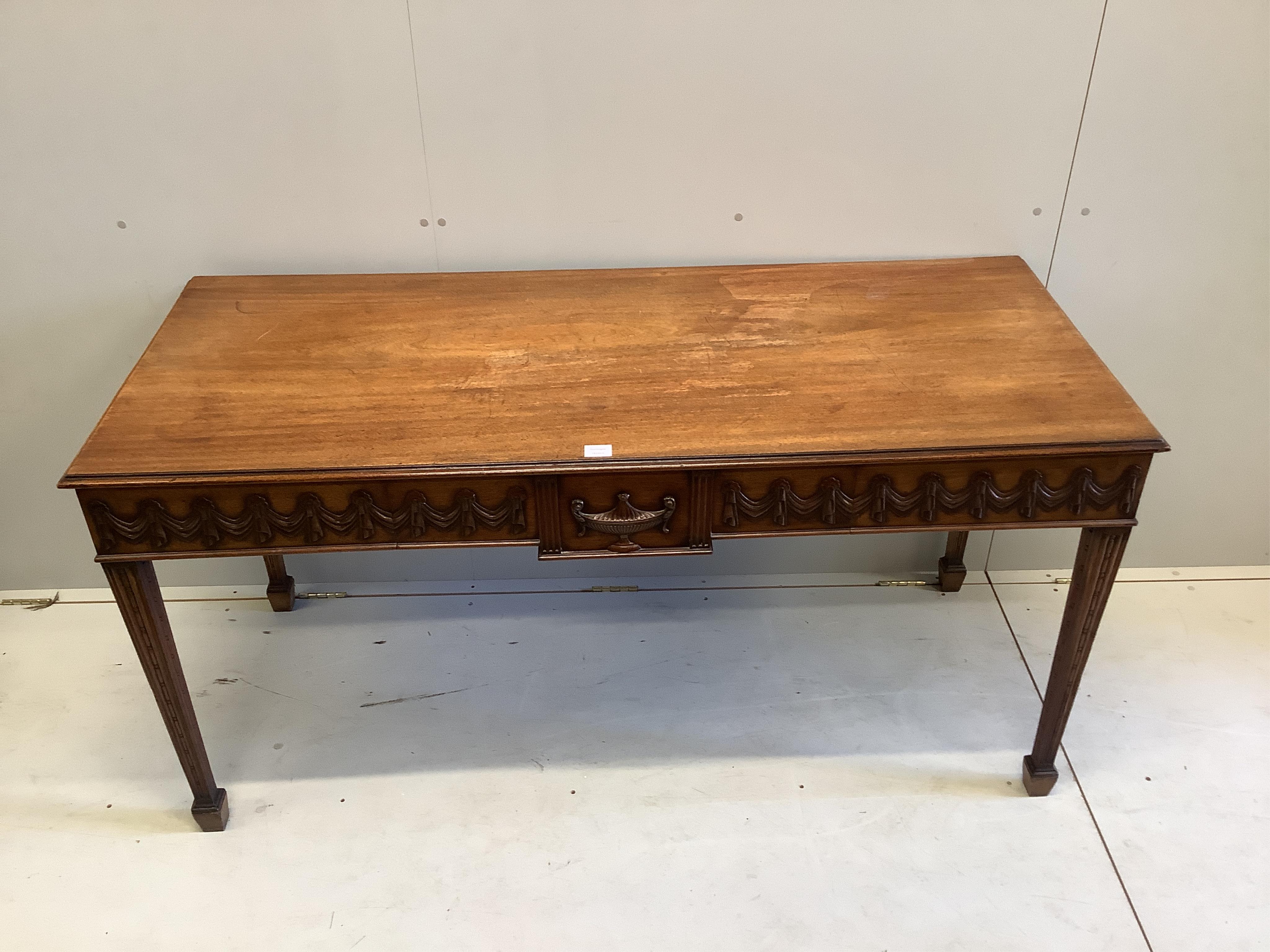 A Victorian Druce & Co. Adam revival mahogany serving table, width 163cm, depth 69cm, height 80cm. Condition - fair-good